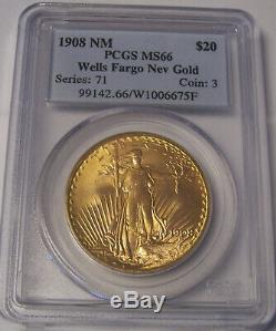 1908 NM $20 Philadelphia Wells Fargo Gold GEM St Gaudens Double Eagle PCGS MS66
