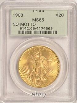 1908 NM $20 Saint Gaudens Gold Double Eagle PCGS MS65 Old Green Holder OGH