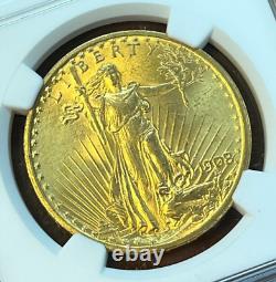 1908 NM $20 Saint Gaudens Gold NGC MS64+ Double Eagle Coin, No Motto, PLUS