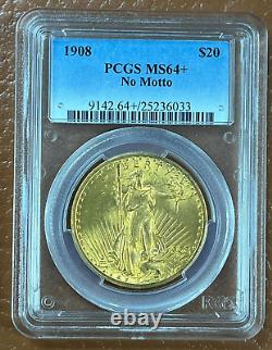 1908 NM $20 Saint Gaudens Gold PCGS MS64+ Double Eagle Coin, No Motto, PLUS