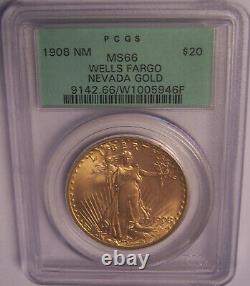 1908 NM $20 Wells Fargo Gold GEM St Gaudens Double Eagle PCGS MS66 OGH