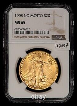 1908 NM G$20 Saint-Gaudens Gold Double Eagle No Motto NGC MS 65 PQ G2997