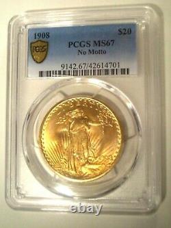 1908 NM No Motto $20 GOLD Shield PCGS MS67 St. SAINT GAUDENS DOUBLE EAGLE