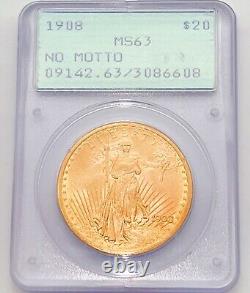 1908 NM No Motto $20 Gold St Gaudens Double Eagle PCGS Rattler MS63 086608