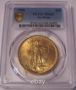 1908 NM No Motto $20 Philadelphia St Gaudens GEM Gold Double Eagle PCGS MS65