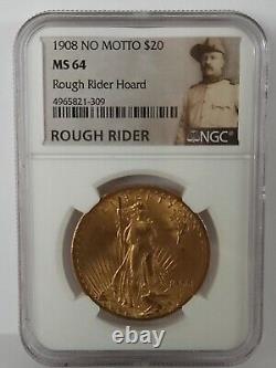 1908 NO MOTTO $20 NGC MS64 ROUGH RIDER HOARD Saint Gaudens Double Eagle