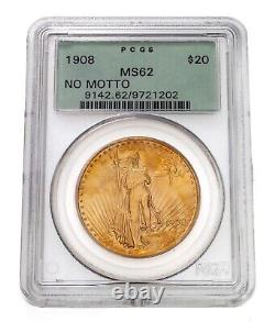 1908 NO MOTTO $20 St. Gaudens Gold Double Eagle Graded by PCGS MS-62 Green Label