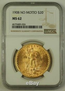 1908 NO MOTTO St. Gaudens $20 Double Eagle Gold Coin NGC MS-62 B