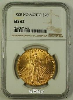 1908 NO MOTTO St. Gaudens $20 Double Eagle Gold Coin NGC MS-63