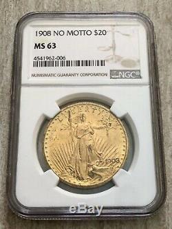 1908 NO MOTTO St. Gaudens $20 Double Eagle Gold Coin NGC MS-63