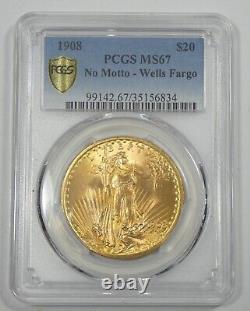 1908 NO Motto $20 St Gaudens Double Eagle PCGS Secure Plus MS 67 Wells Fargo