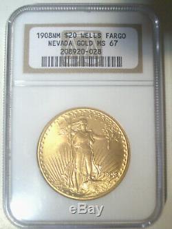 1908 NO Motto WELLS FARGO $20 GOLD NGC MS67 St. GAUDENS DOUBLE Eagle Dollar