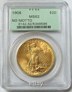 1908 Nm Gold $20 St. Gaudens Double Eagle Pcgs Ms 62 Green Label