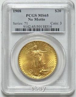 1908 Nm Gold USA $20 St. Gaudens Double Eagle No Motto Coin Pcgs Mint State 65