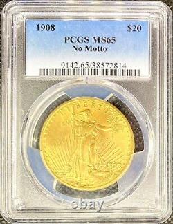 1908 No Motto $20 American Gold Double Eagle Saint Gaudens MS-65 PCGS Coin
