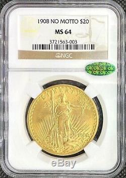 1908 No Motto $20 American Gold Double Eagle Saint Gaudens MS64 NGC CAC Coin