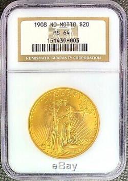 1908 No Motto $20 American Gold Double Eagle Saint Gaudens MS64 NGC PQ Coin