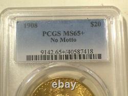 1908 No Motto $20 GOLD PCGS MS65+ PLUS SAINT GAUDENS DOUBLE EAGLE FROSTY