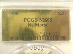 1908 No Motto $20 GOLD PCGS MS65+ PLUS St SAINT GAUDENS DOUBLE EAGLE $3,150+