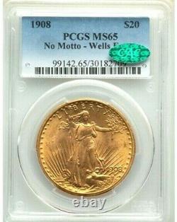 1908 No Motto $20 GOLD PCGS MS65 Wells Fargo CAC SAINT GAUDENS DOUBLE EAGLE