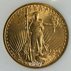 1908 No Motto $20 Gold Double Eagle St Gaudens NGC MS64 Very High Grade