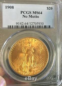 1908 No Motto $20 Gold Saint Gaudens Double Eagle Coin PCGS MS64