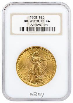 1908 No Motto $20 Gold Saint-Gaudens Double Eagle NGC MS64 NO MOTTO SKU35689