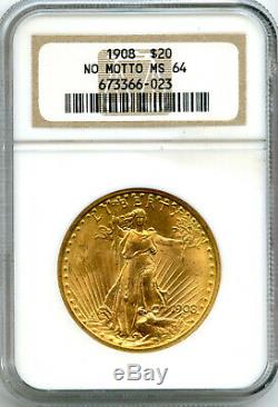 1908 No Motto $20 Gold Saint Gaudens Double Eagle PCGS MS 64