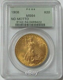 1908 No Motto $20 Gold Saint Gaudens Pcgs Mint State 64