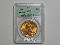 1908 No Motto $20 Gold Saint St Gaudens Double Eagle PCGS MS63 Green Label