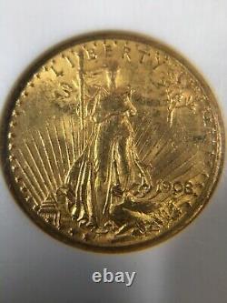 1908 No Motto $20 Gold St Gaudens Double Eagle NGC Certified MS62 In Old Holder