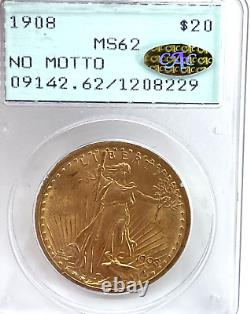 1908 No Motto $20 Gold St. Gaudens PCGS MS62 Old Green Rattler Gold Bean Cac