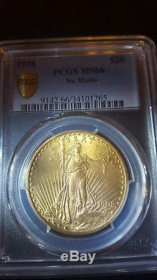 1908 No Motto $20 ST GAUDENS GOLD COIN PCGS MS 66 DOUBLE EAGLE. Quality
