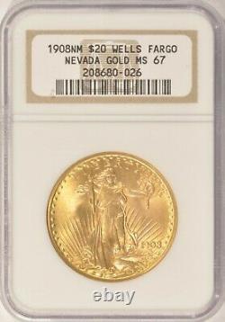 1908 No Motto $20 Saint Gaudens Gold Double Eagle Coin NGC MS67 Wells Fargo