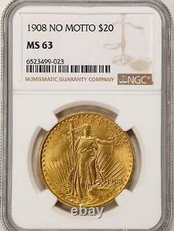 1908 No Motto $20 Saint-Gaudens Gold Double Eagle MS63 NGC 6523499-023