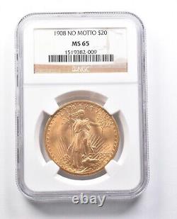 1908 No Motto $20 Saint Gaudens Gold Double Eagle MS65 NGC 0359
