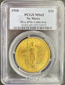 1908 No Motto $20 Saint Gaudens Gold Double Eagle PCGS MS65 Rive dOr Collection