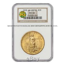 1908 No Motto $20 Saint Gaudens NGC MS63 Gold Double Eagle coin PQ Approved NM