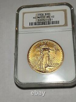 1908 No Motto $20 St. Gaudens Double Eagle Gold Coin NGC MS-62