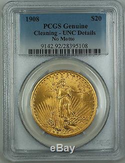 1908 No Motto $20 St. Gaudens Gold Double Eagle, PCGS UNC Details (Cleaning)