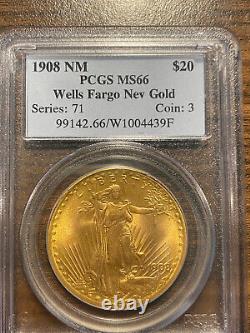 1908 No Motto $20 St Gaudens Gold Twenty Dol Double Eagle PCGS MS 66 Wells Fargo