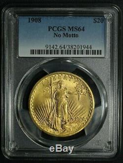 1908 No Motto $20 Twenty Dollar Gold St. Gaudens Double Eagle PCGS MS 64
