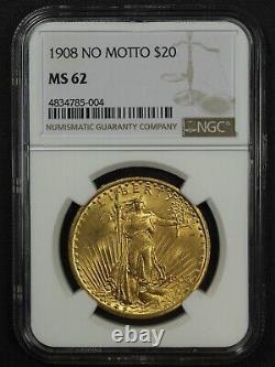 1908 No Motto $20 Twenty Dollar St. Gaudens Gold Double Eagle NGC MS 62
