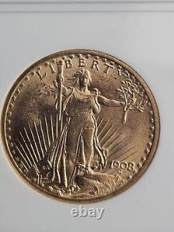 1908 No Motto $20 Twenty Dollar St Gaudens Gold Double Eagle NGC MS 64