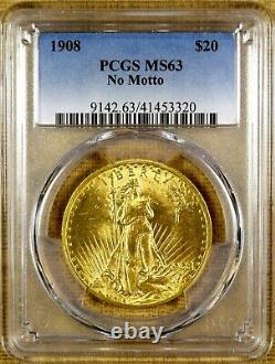 1908 No Motto PCGS MS63 $20 Saint Gaudens Gold Double Eagle (#2)