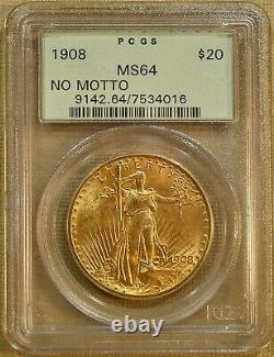 1908 No Motto PCGS MS64 $20 Saint Gaudens Gold Double Eagle Old Green Holder