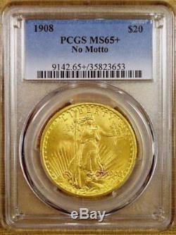 1908 No Motto PCGS MS65+ $20 Saint Gaudens Gold Double Eagle
