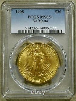 1908 No Motto PCGS MS65+ $20 Saint Gaudens Gold Double Eagle