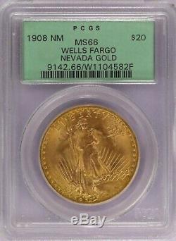 1908 No Motto PCGS Wells Fargo Nevada Gold $20 Double Eagle St Gaudens MS66 OGH