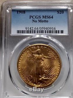 1908 No Motto Pcgs Ms 64 Saint Gaudens Gold Double Eagle